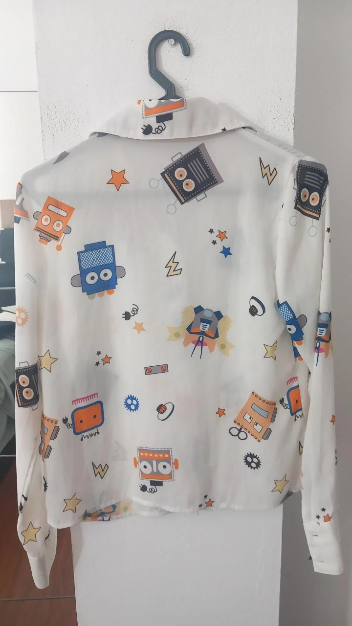 Camisa branca Haoduoyi-S com robôs | Chemise Robots Fun | Robot Print Shirt – photo 3